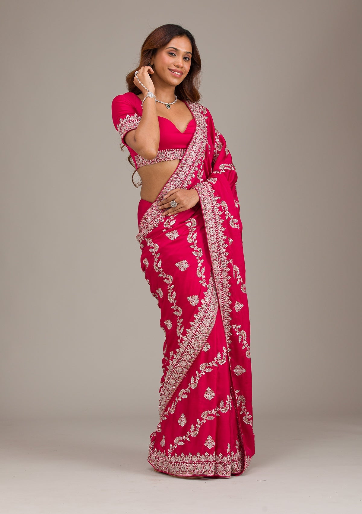 Rani Pink Threadwork Satin Saree