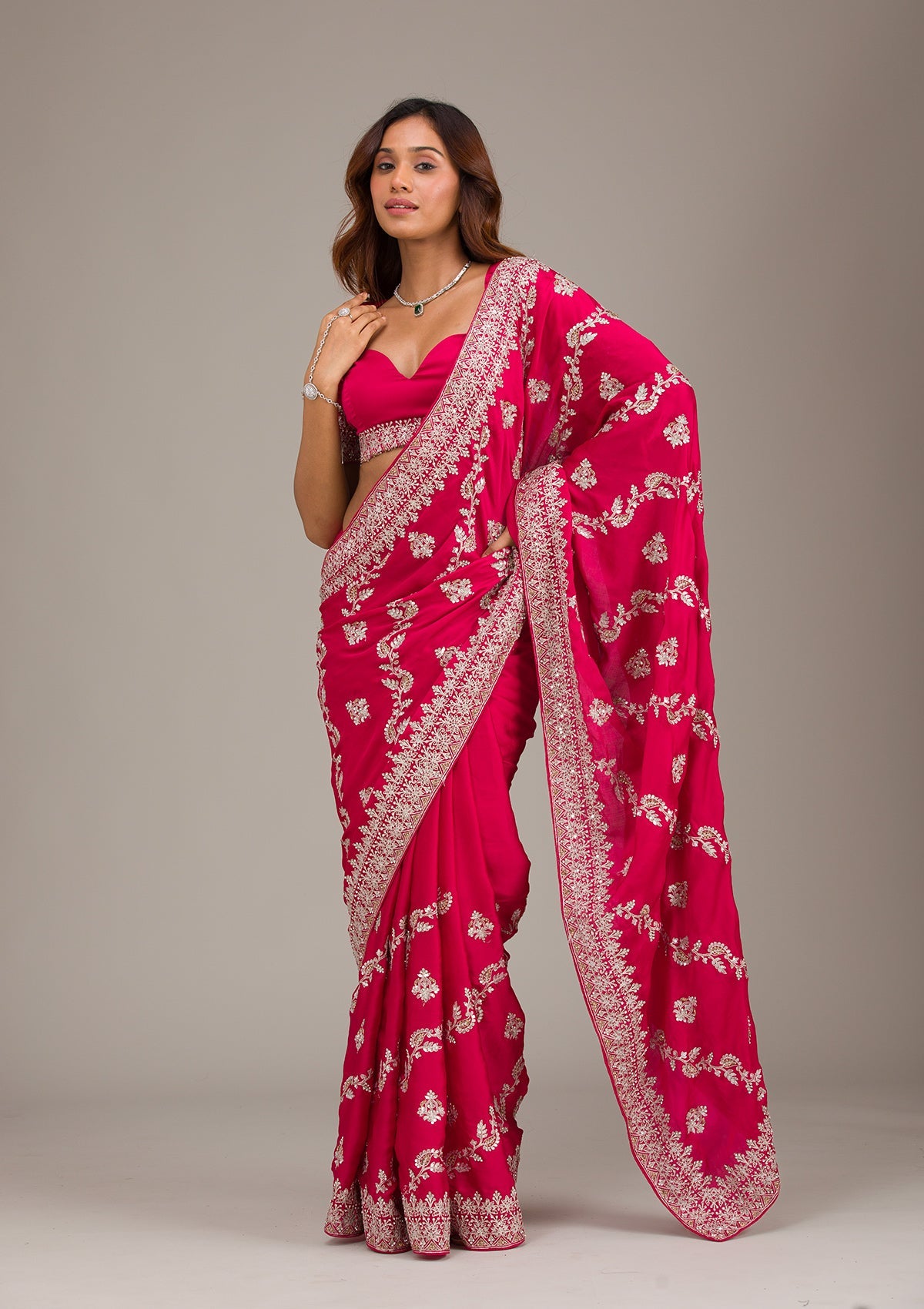 Rani Pink Threadwork Satin Saree