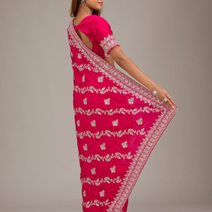 Rani Pink Threadwork Satin Saree