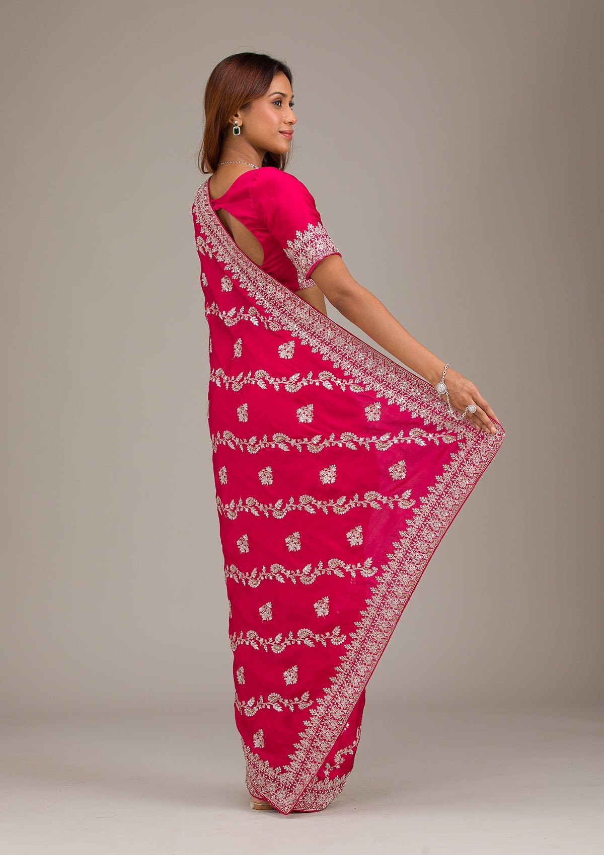 Rani Pink Threadwork Satin Saree