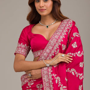 Rani Pink Threadwork Satin Saree