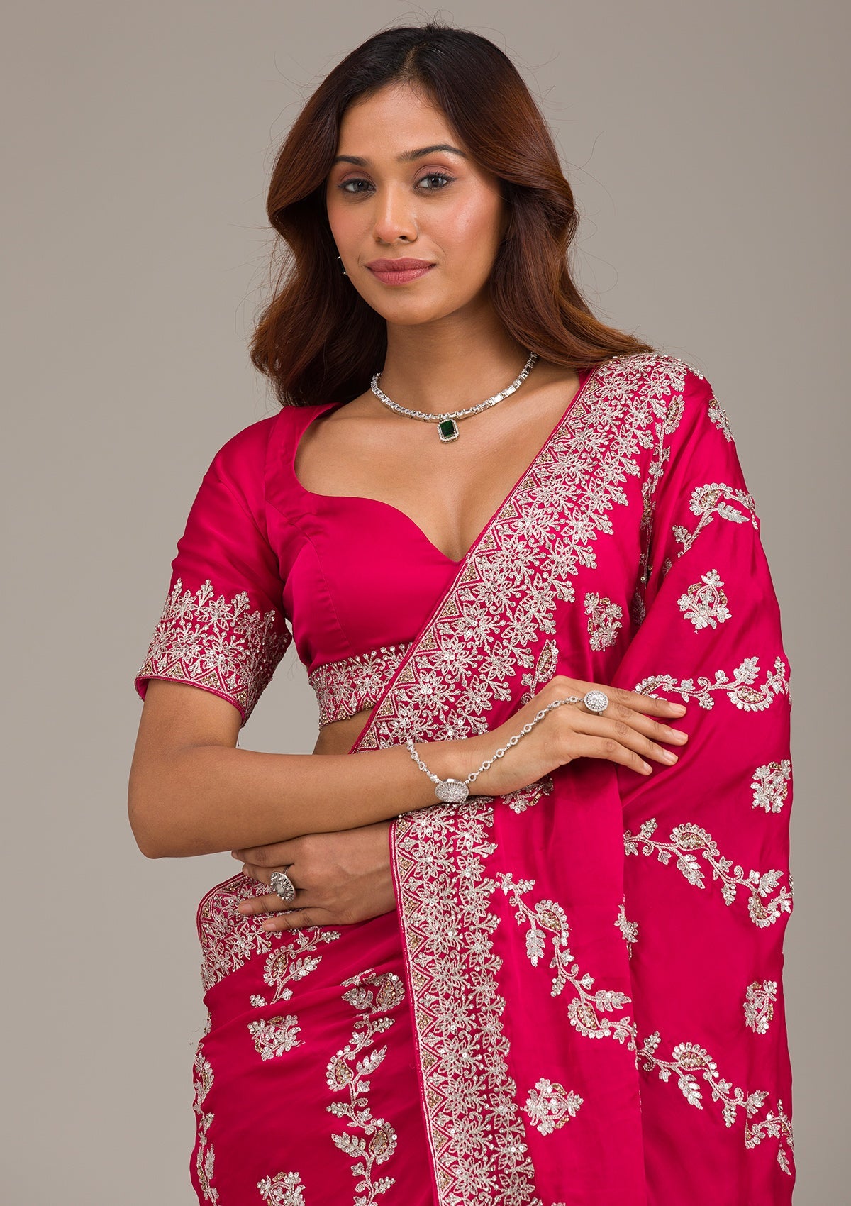 Rani Pink Threadwork Satin Saree