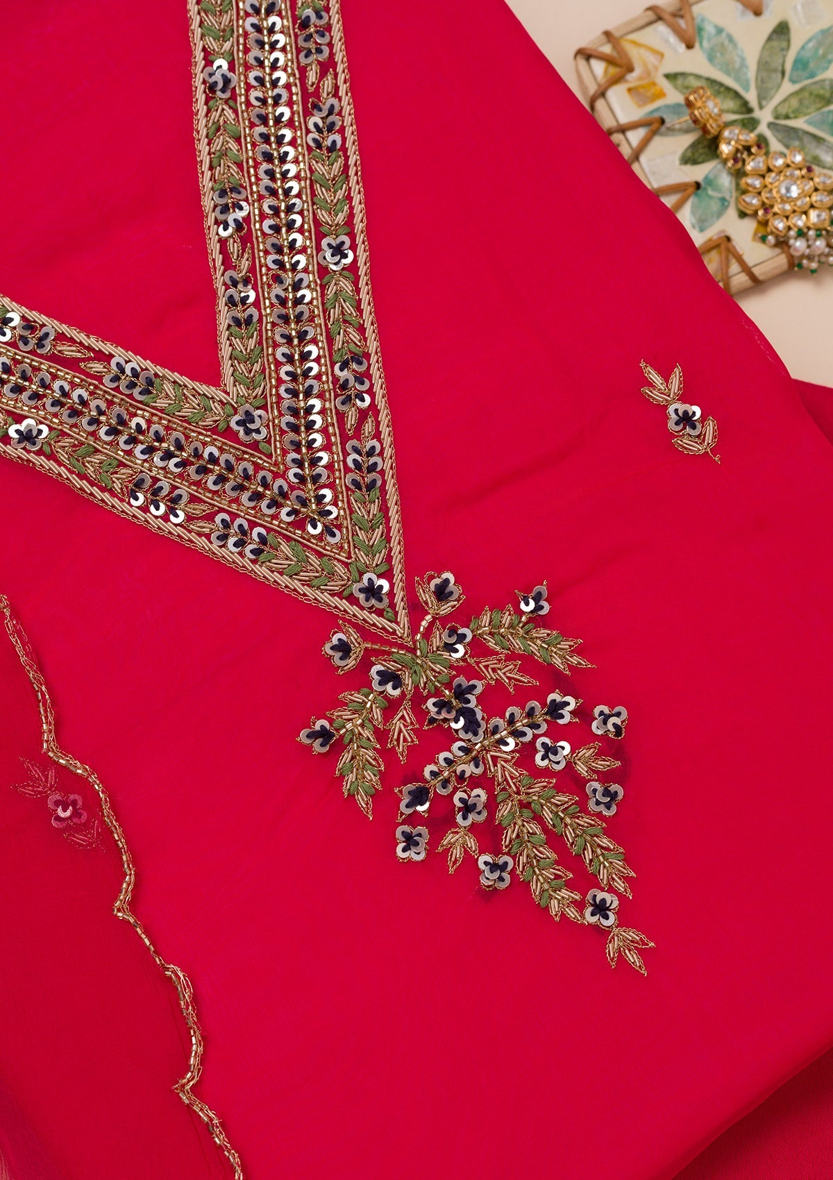 Rani Pink Threadwork Tissue Unstitched Salwar Suit