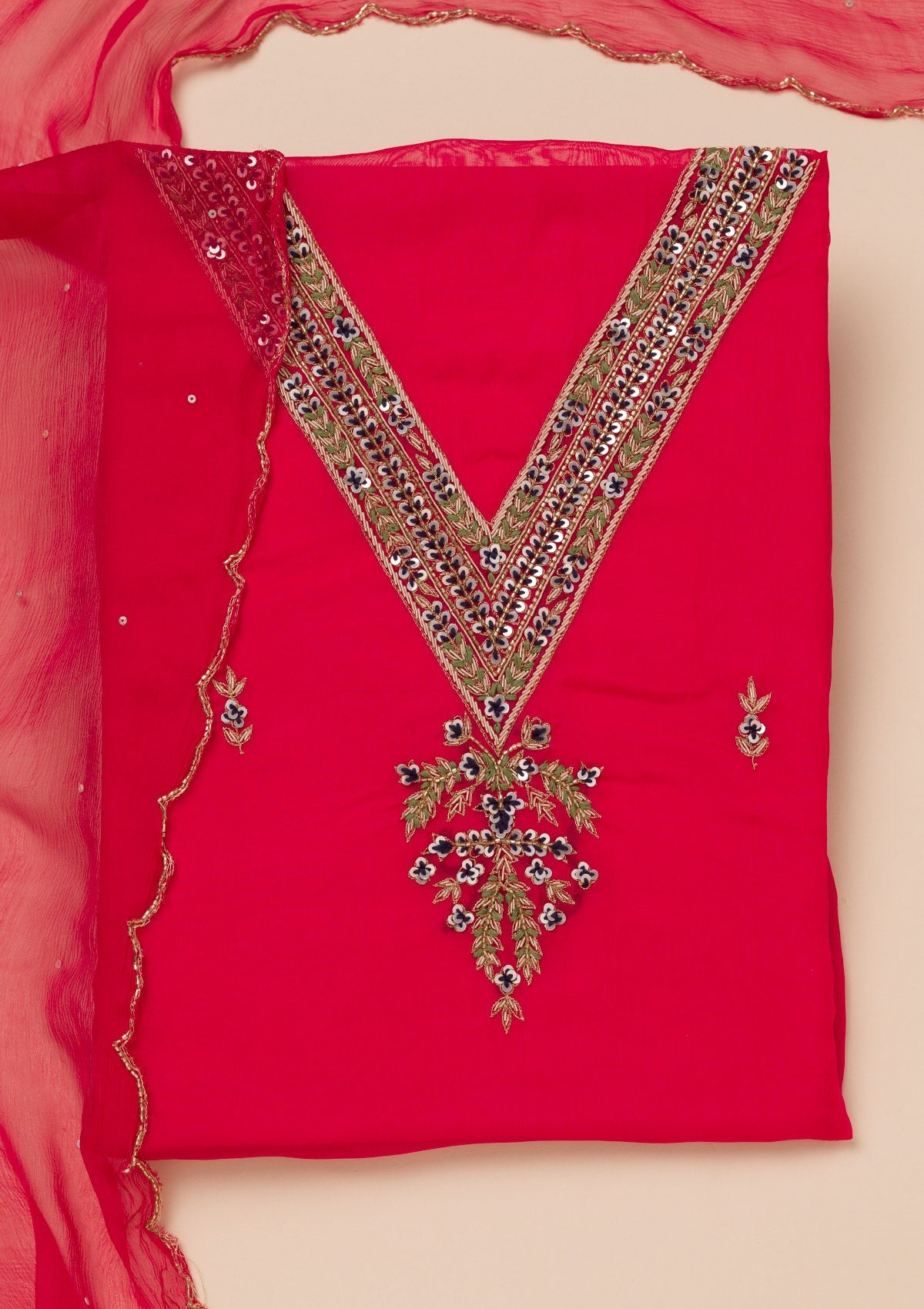 Rani Pink Threadwork Tissue Unstitched Salwar Suit