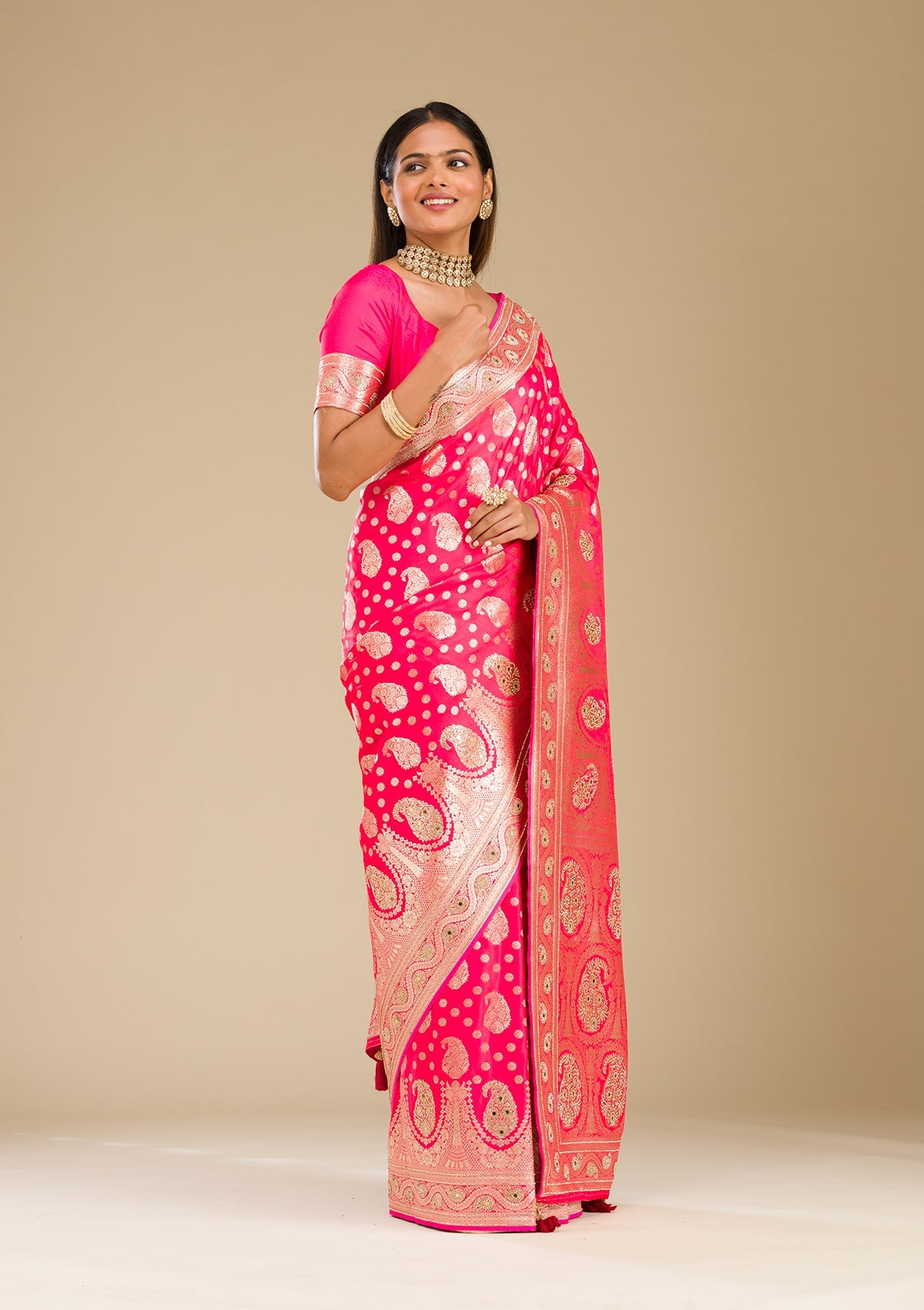 Rani Pink Zariwork Banarasi Silk Saree