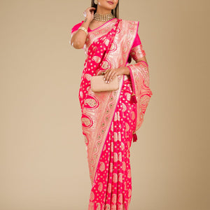 Rani Pink Zariwork Banarasi Silk Saree