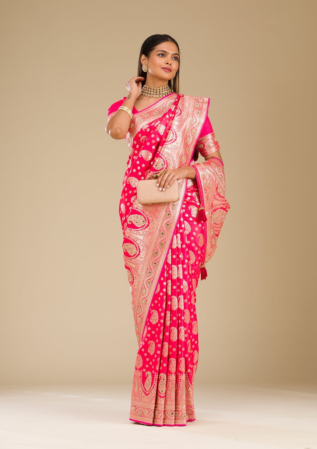 Rani Pink Zariwork Banarasi Silk Saree