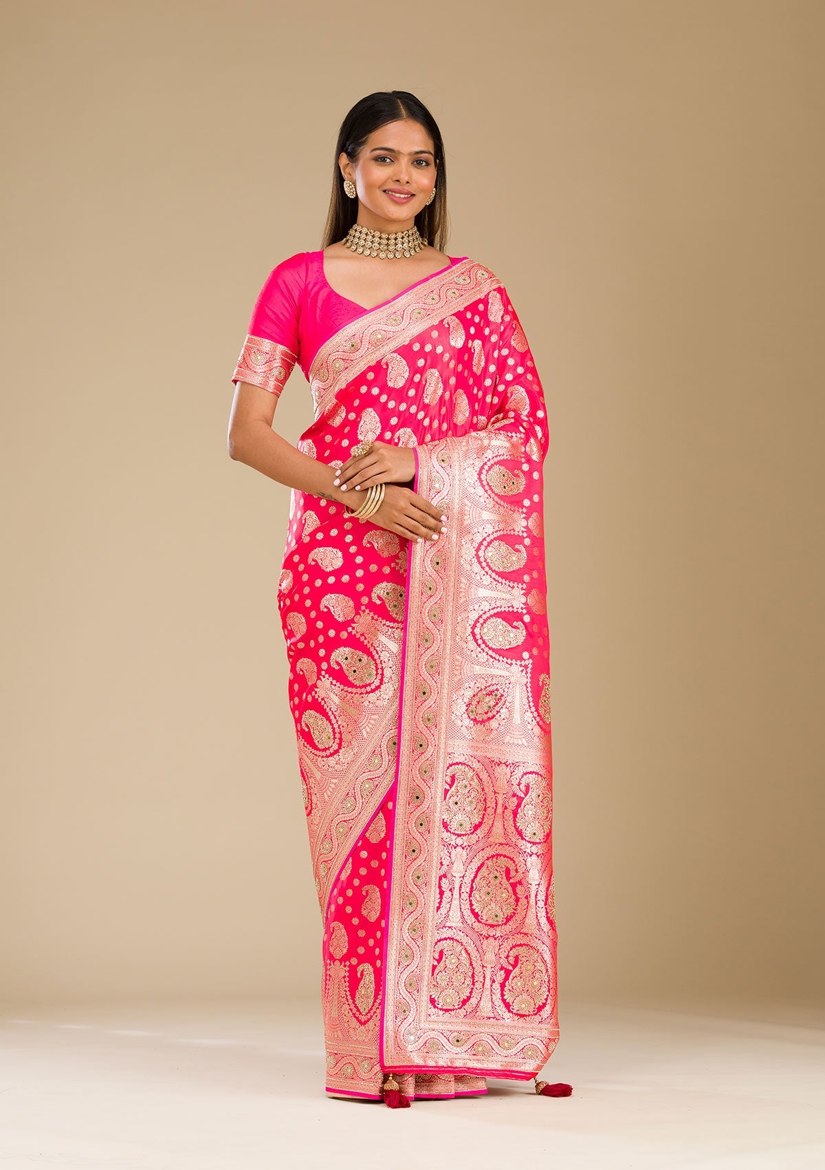 Rani Pink Zariwork Banarasi Silk Saree