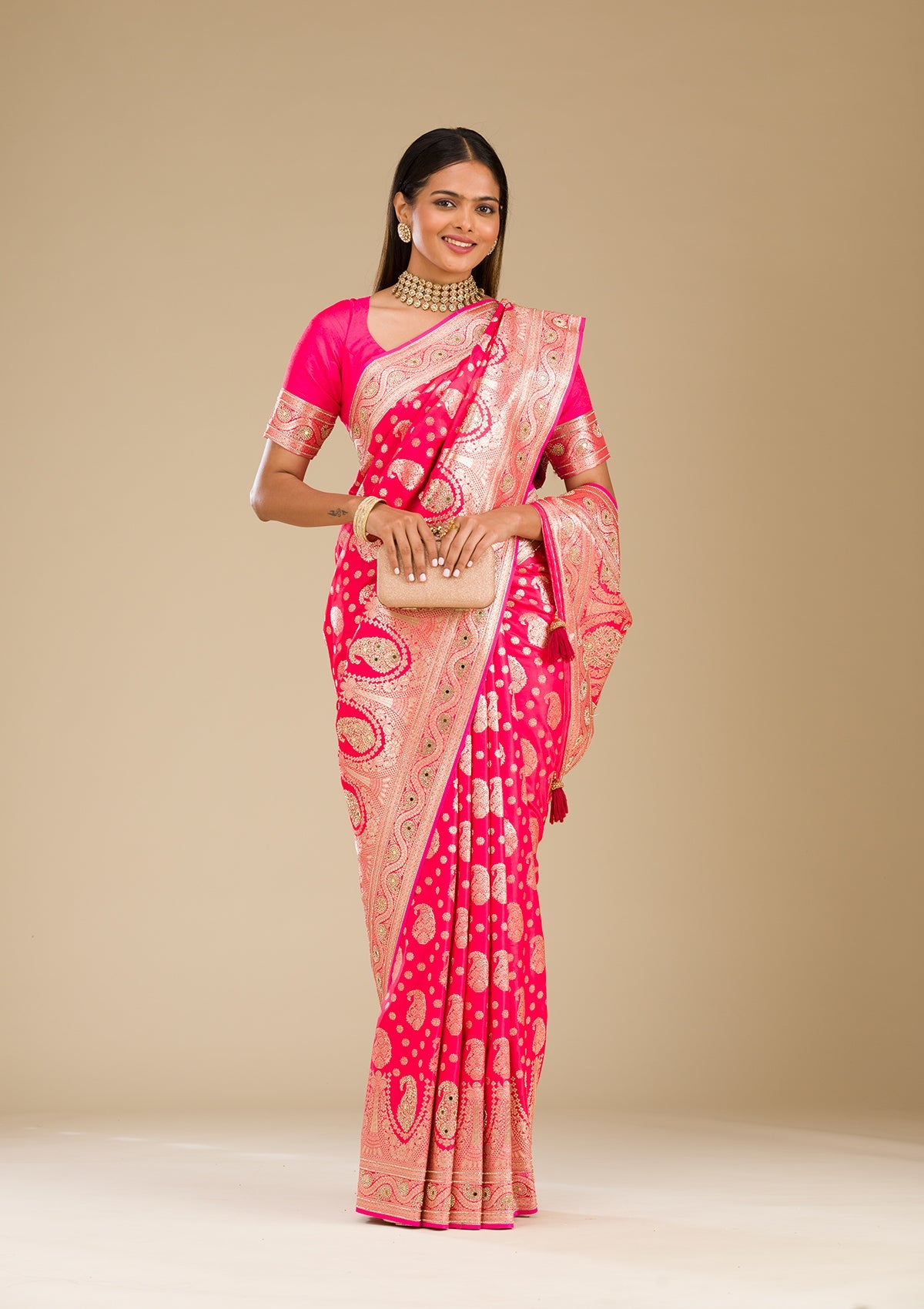Rani Pink Zariwork Banarasi Silk Saree
