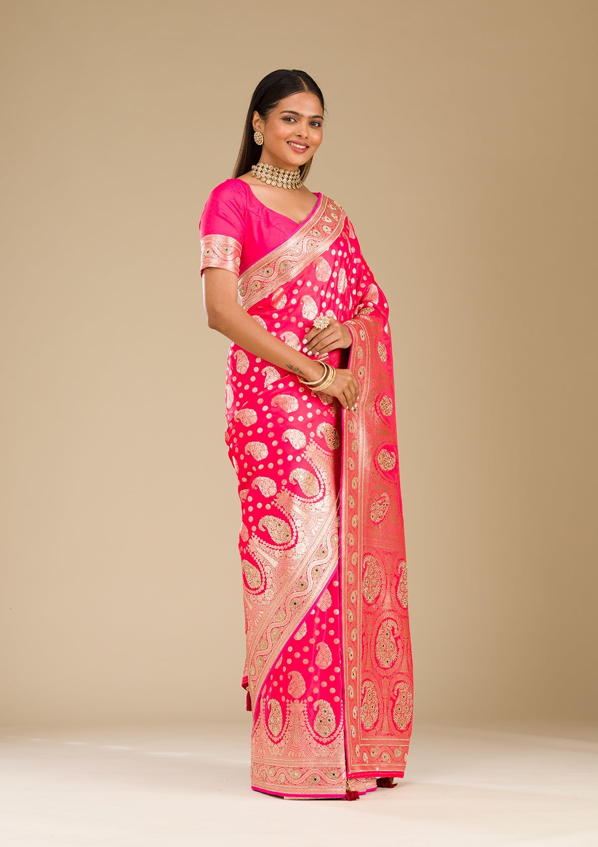 Rani Pink Zariwork Banarasi Silk Saree