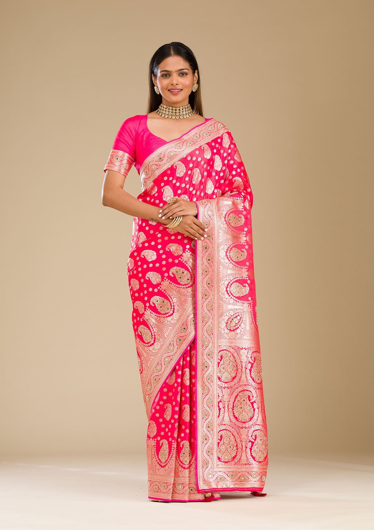 Rani Pink Zariwork Banarasi Silk Saree