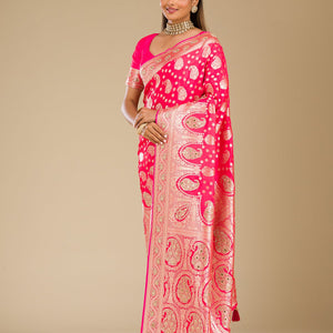 Rani Pink Zariwork Banarasi Silk Saree