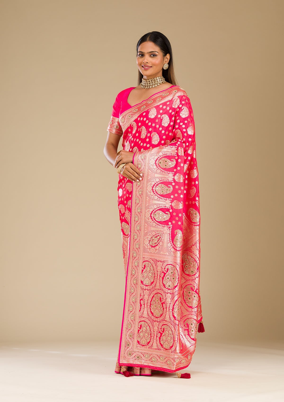 Rani Pink Zariwork Banarasi Silk Saree