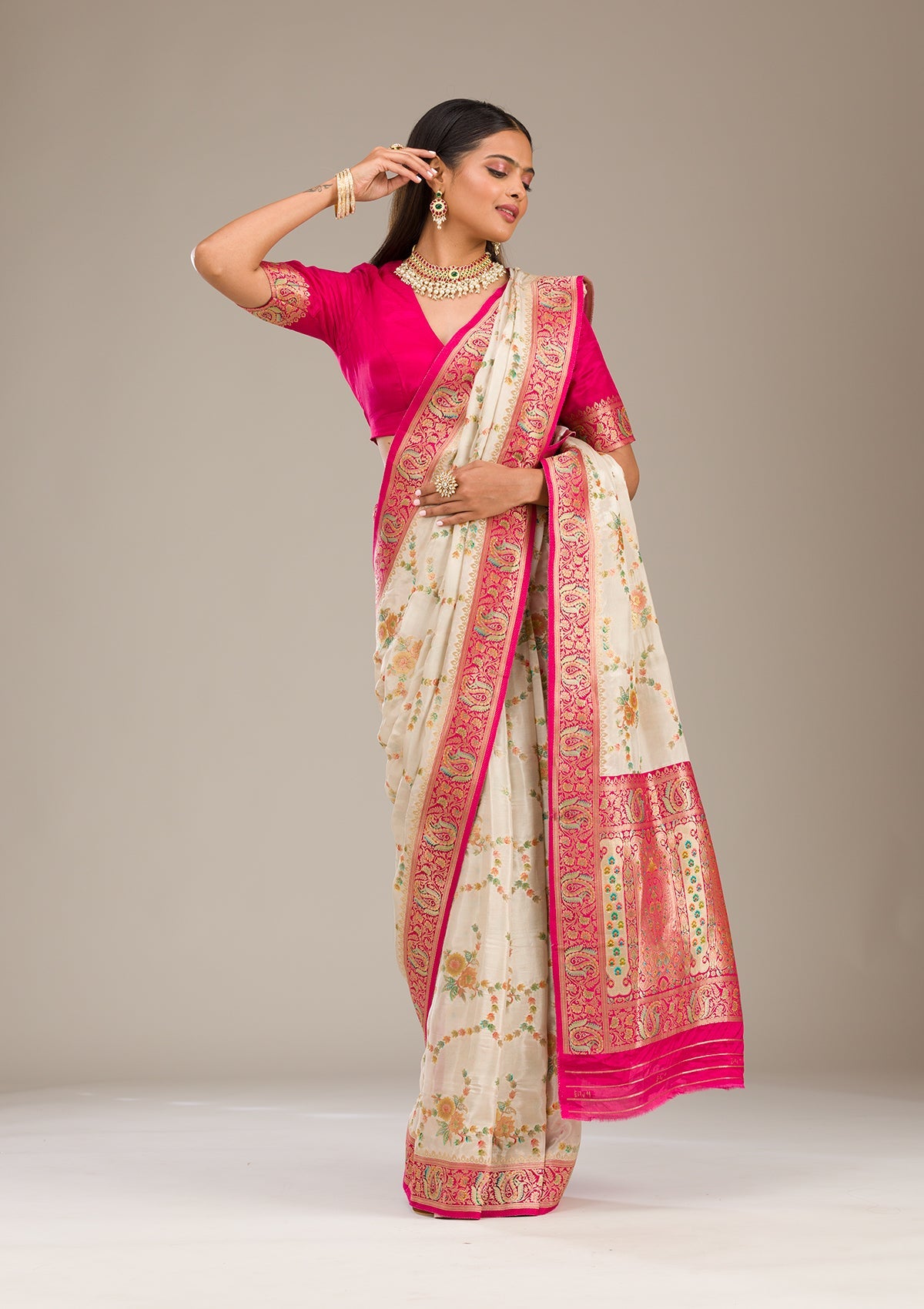 Beige Zariwork Banarasi Silk Saree