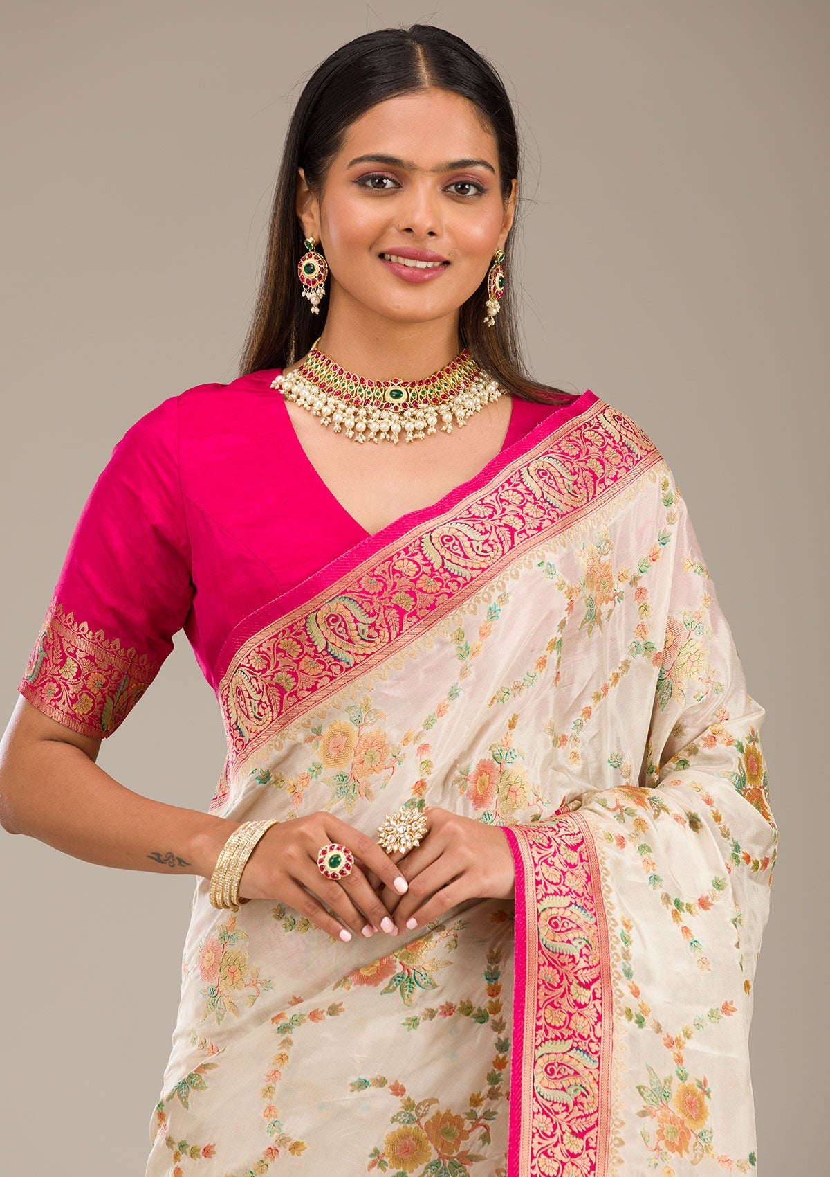 Beige Zariwork Banarasi Silk Saree