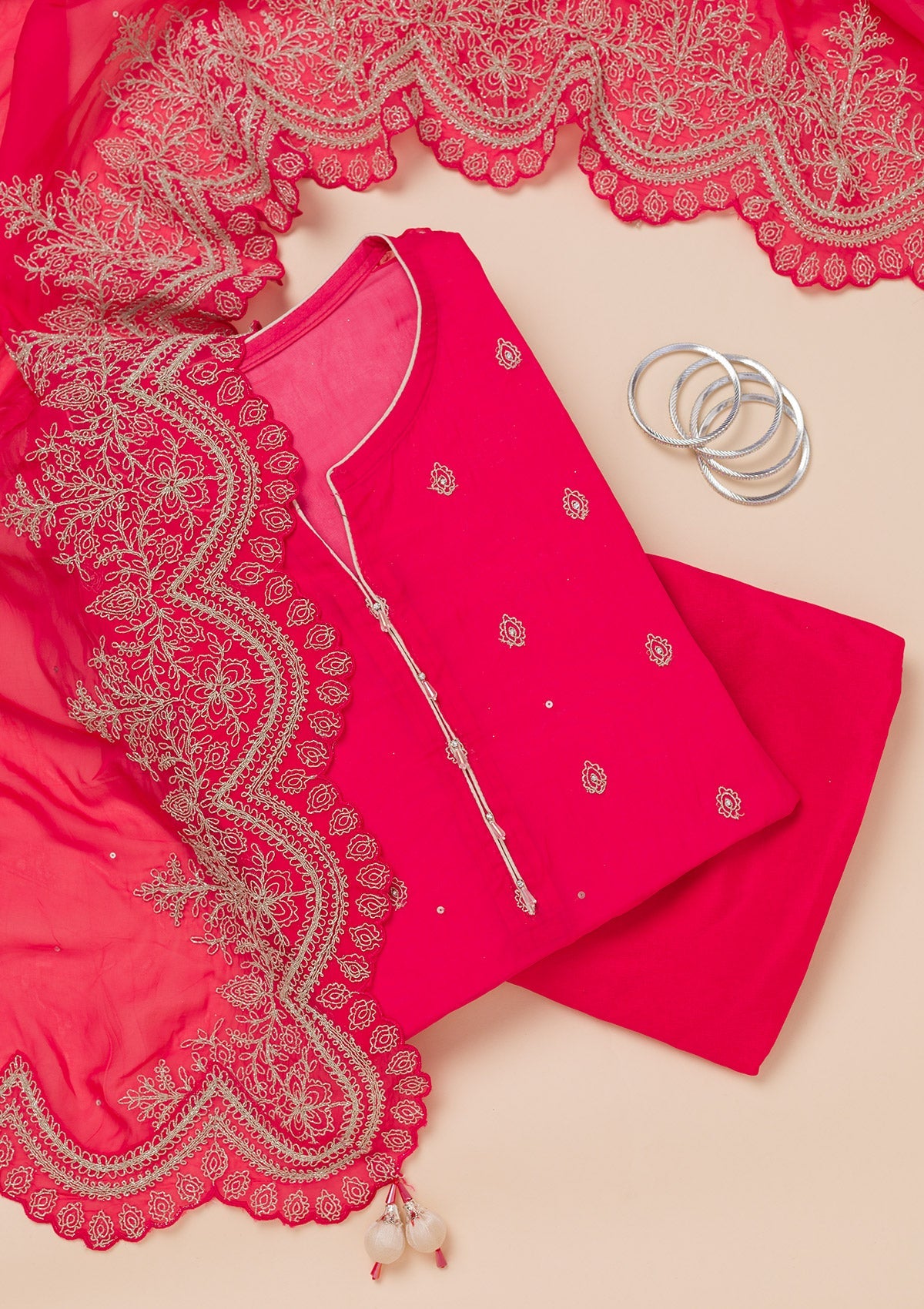 Rani Pink Zariwork Semi Crepe Unstitched Salwar Suit