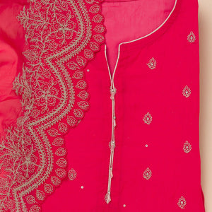 Rani Pink Zariwork Semi Crepe Unstitched Salwar Suit