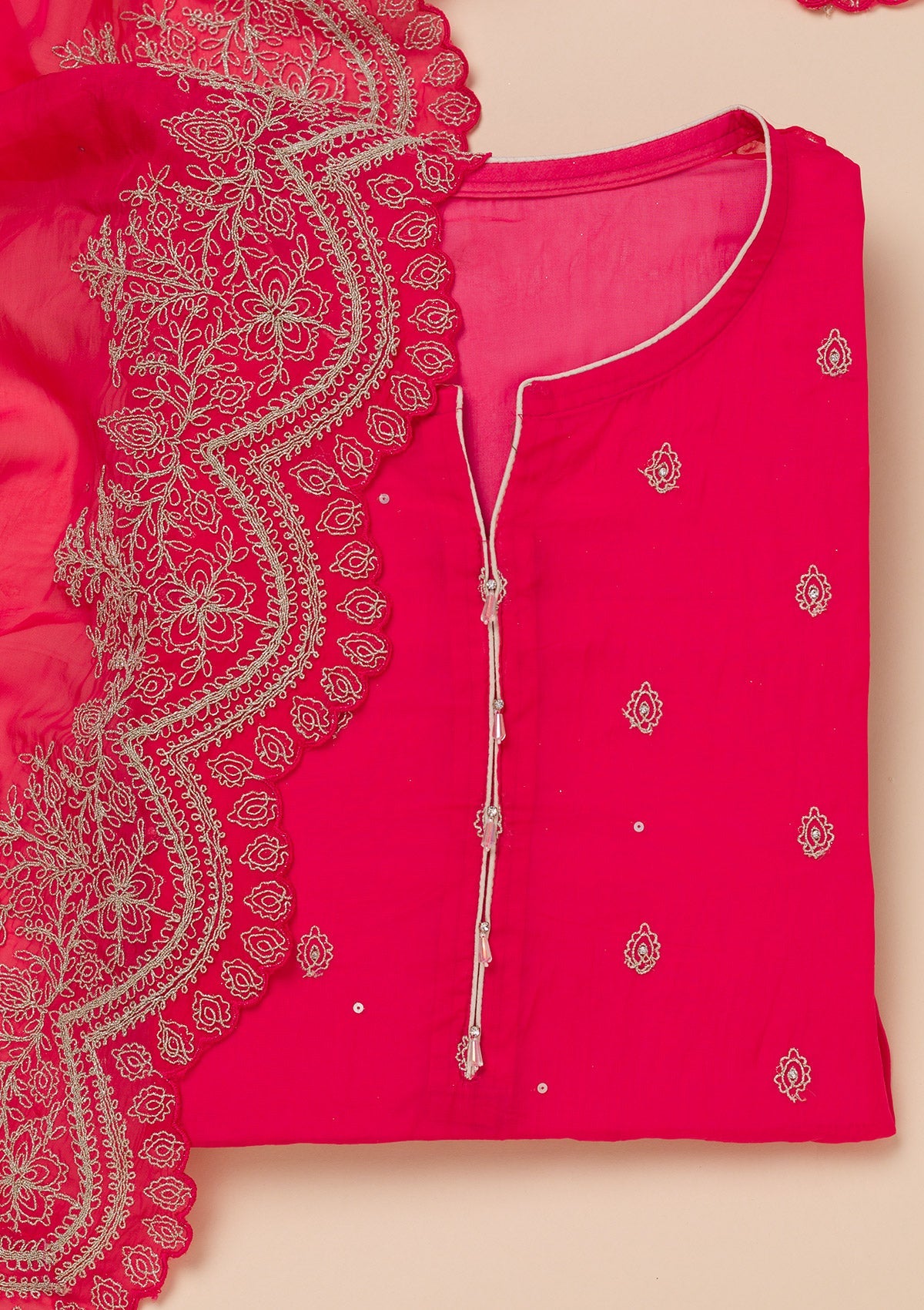 Rani Pink Zariwork Semi Crepe Unstitched Salwar Suit