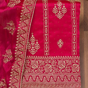 Rani Pink Zariwork Semi Crepe Unstitched Salwar Suit