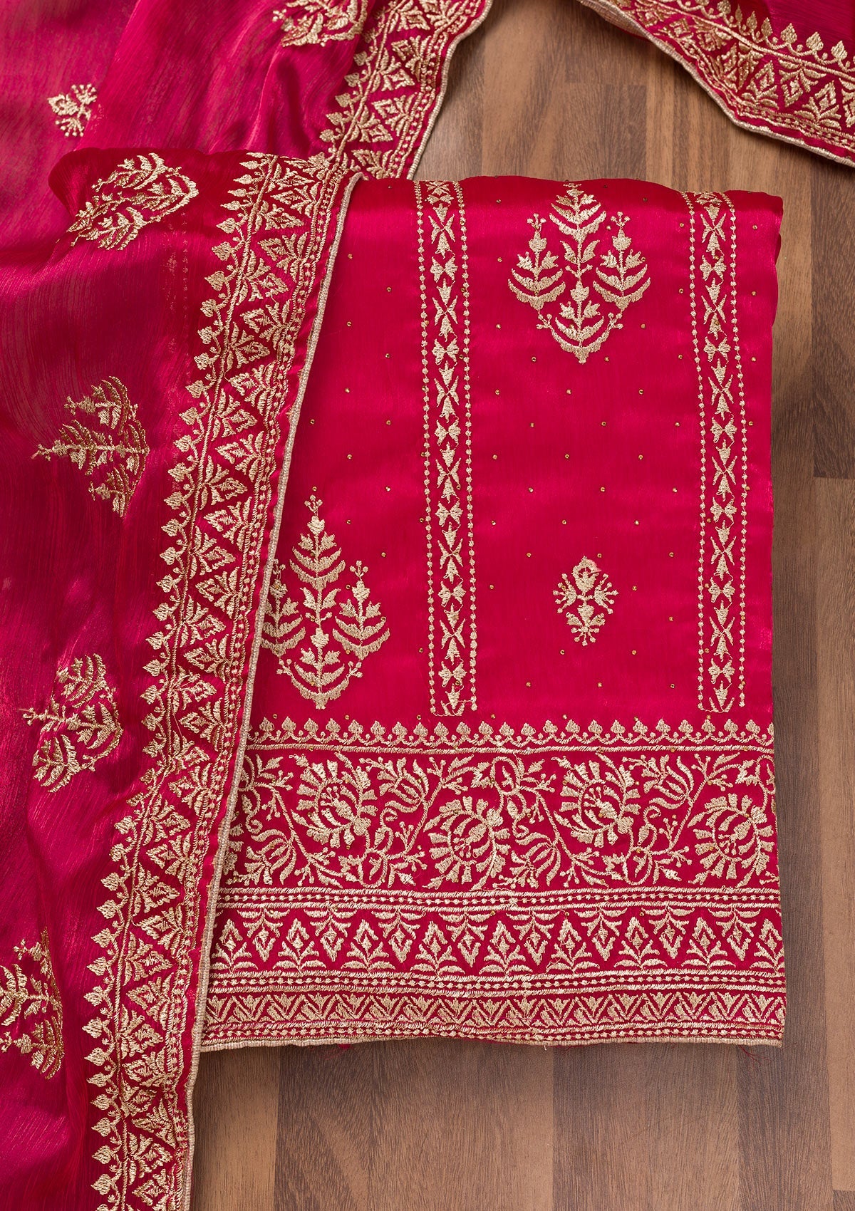 Rani Pink Zariwork Semi Crepe Unstitched Salwar Suit