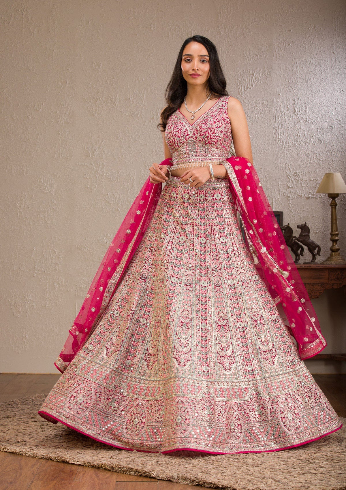 Rani Pink Zariwork Tissue Readymade Lehenga