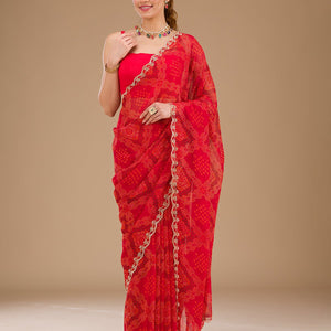 Red Printed Georgette Saree