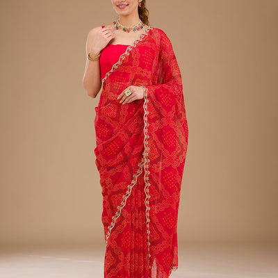 Red Printed Georgette Saree