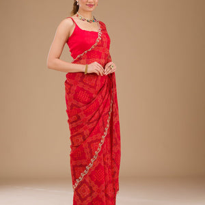 Red Printed Georgette Saree