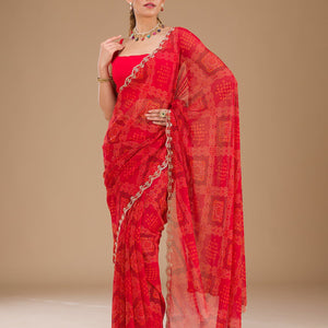 Red Printed Georgette Saree