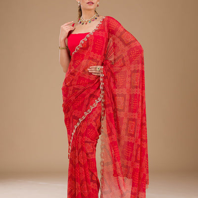 Red Printed Georgette Saree