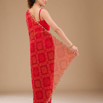 Red Printed Georgette Saree