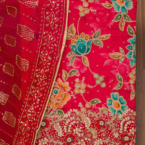Red Printed Semi Crepe Unstitched Salwar Suit