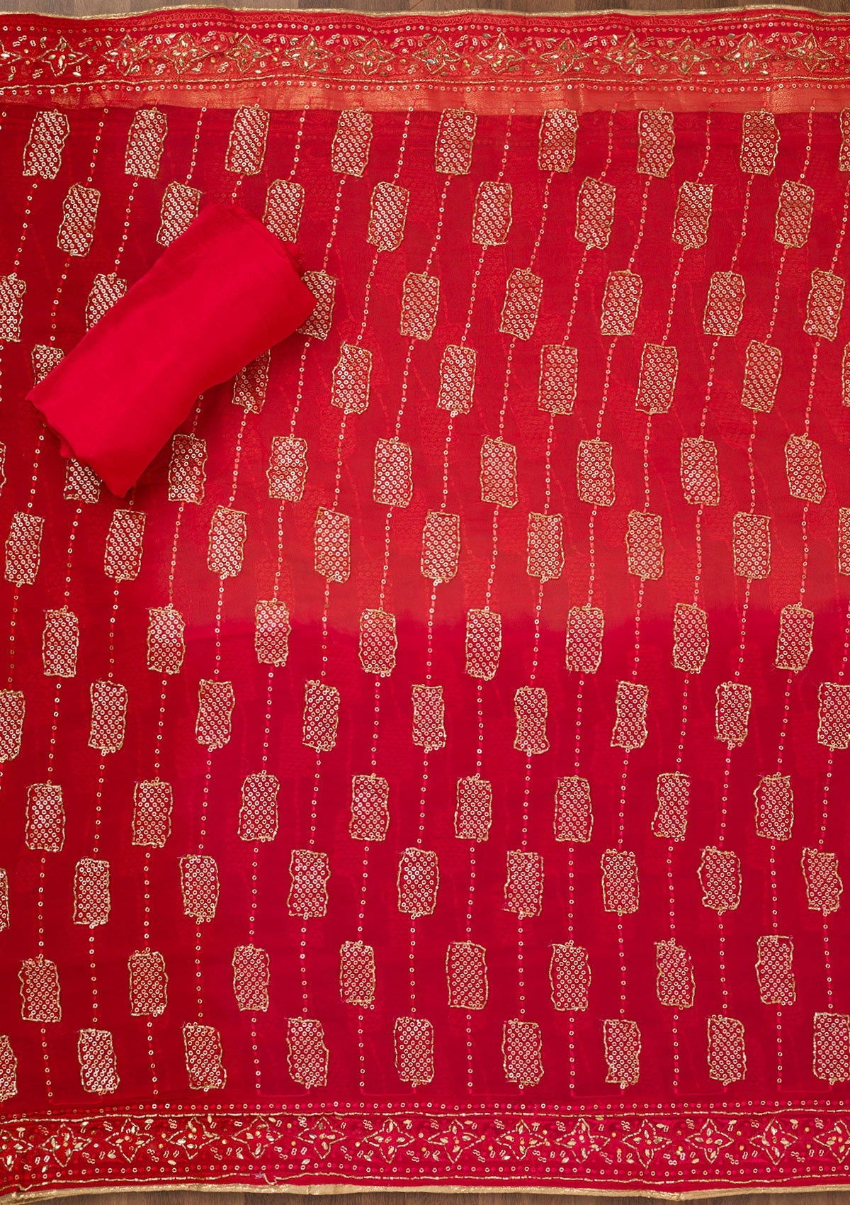 Red Printed Semi Crepe Unstitched Salwar Suit