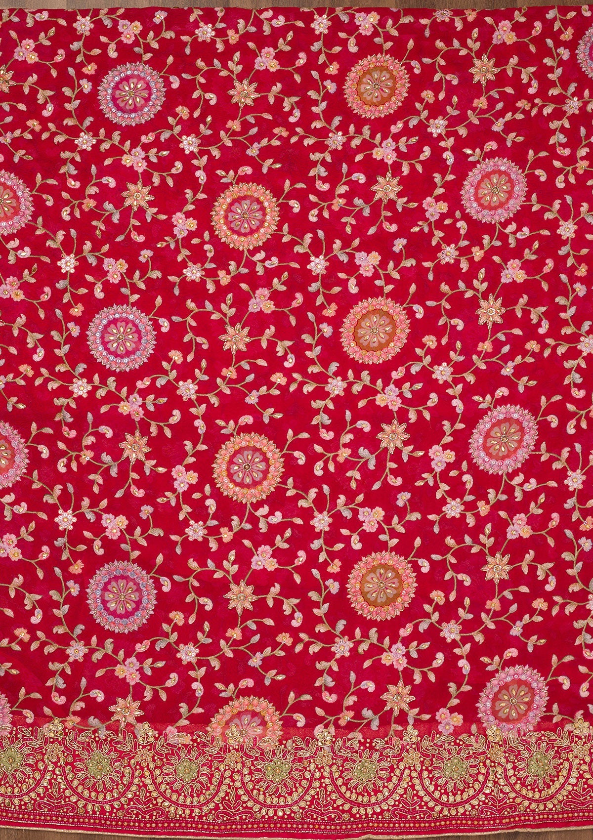 Red Threadwork Semi Crepe Unstitched Salwar Suit