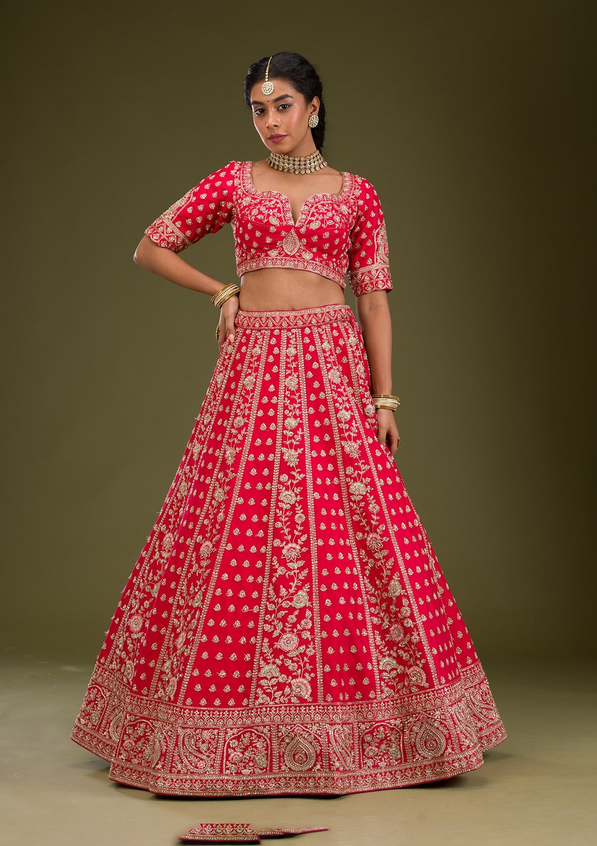 Red Zardosi Raw Silk Readymade Lehenga