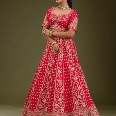 Red Zardosi Raw Silk Readymade Lehenga