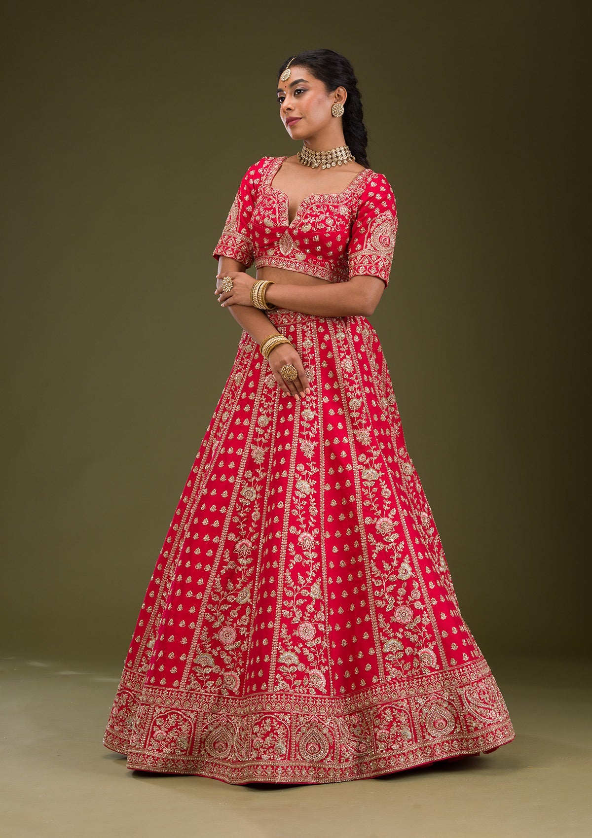 Red Zardosi Raw Silk Readymade Lehenga