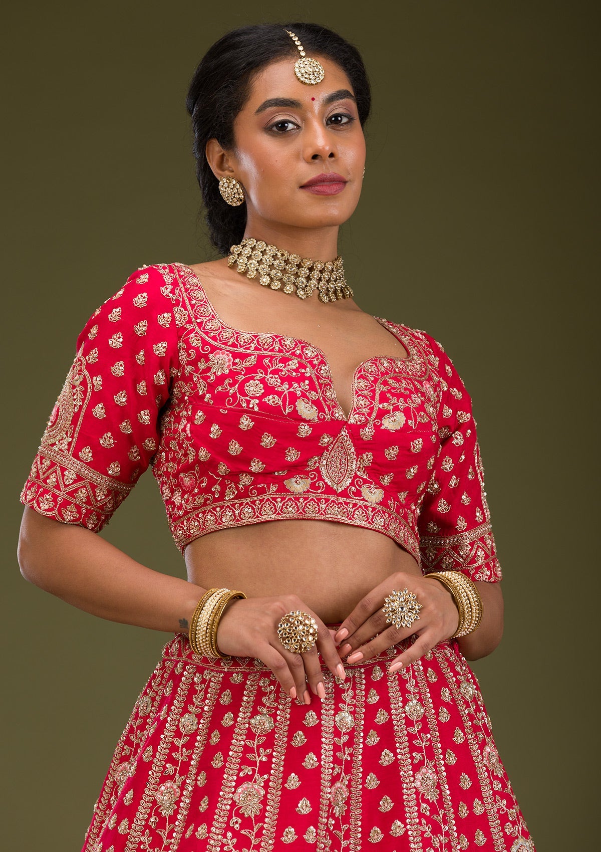 Red Zardosi Raw Silk Readymade Lehenga