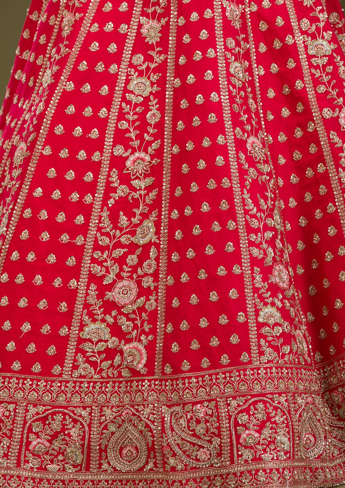 Red Zardosi Raw Silk Readymade Lehenga