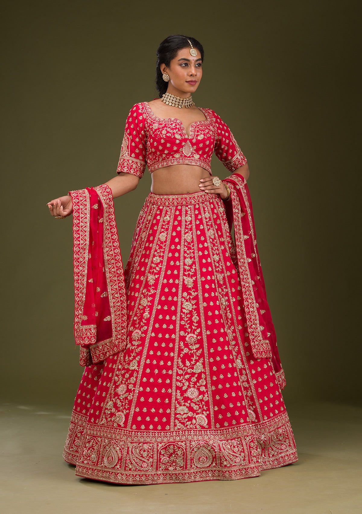 Red Zardosi Raw Silk Readymade Lehenga