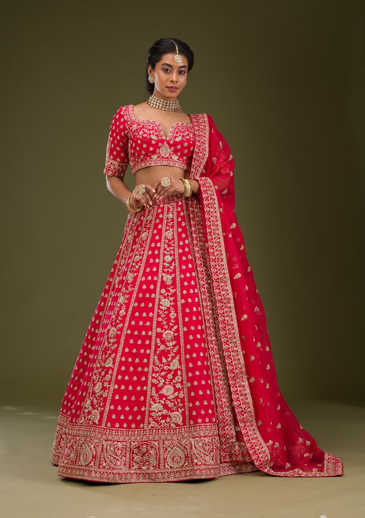 Red Zardosi Raw Silk Readymade Lehenga