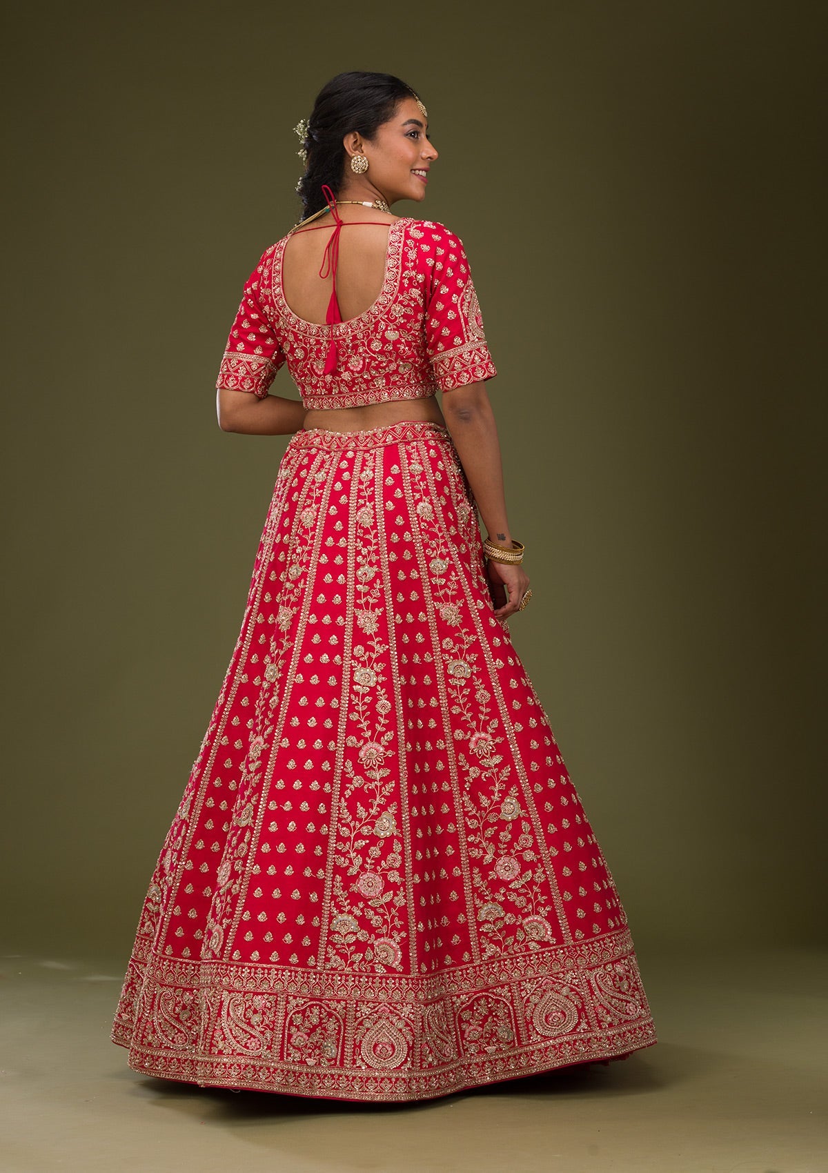 Red Zardosi Raw Silk Readymade Lehenga