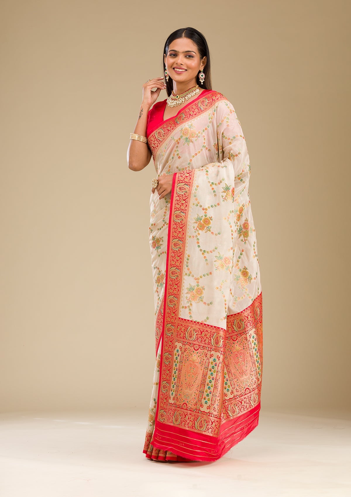 Beige Zariwork Banarasi Silk Saree