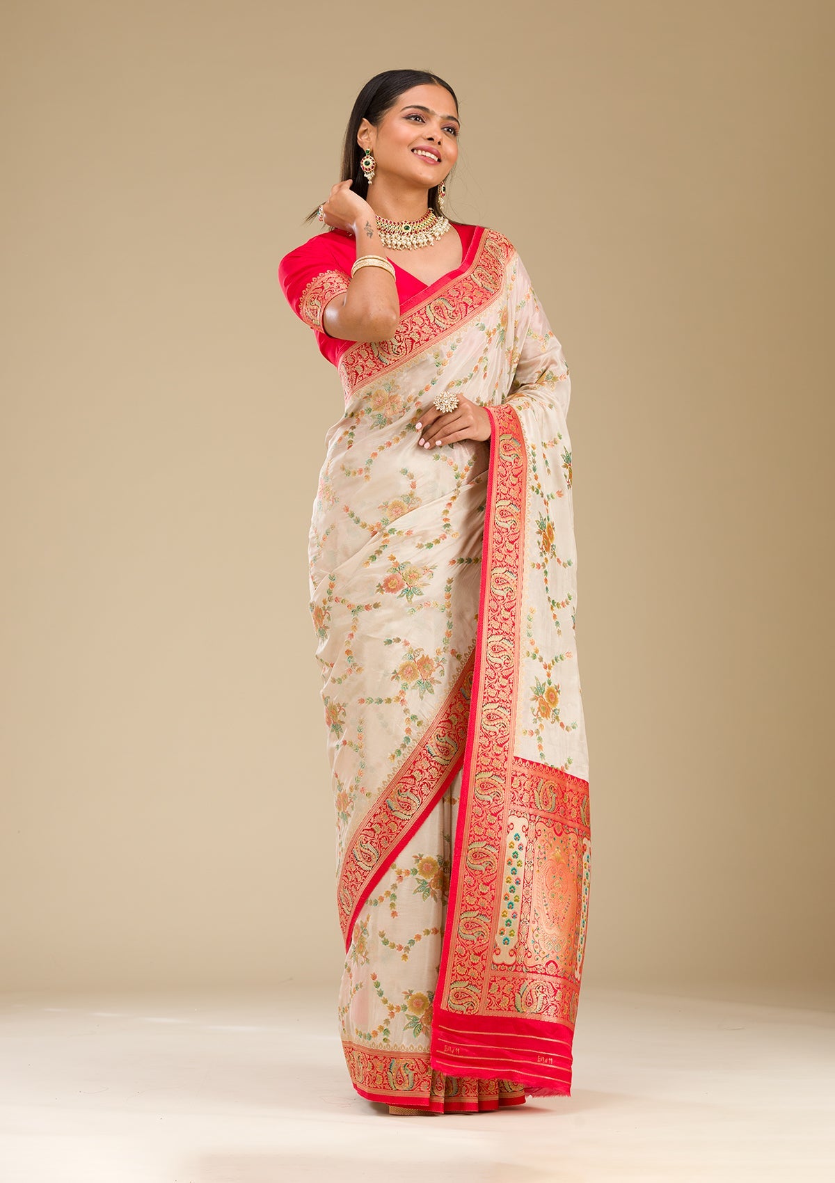Beige Zariwork Banarasi Silk Saree