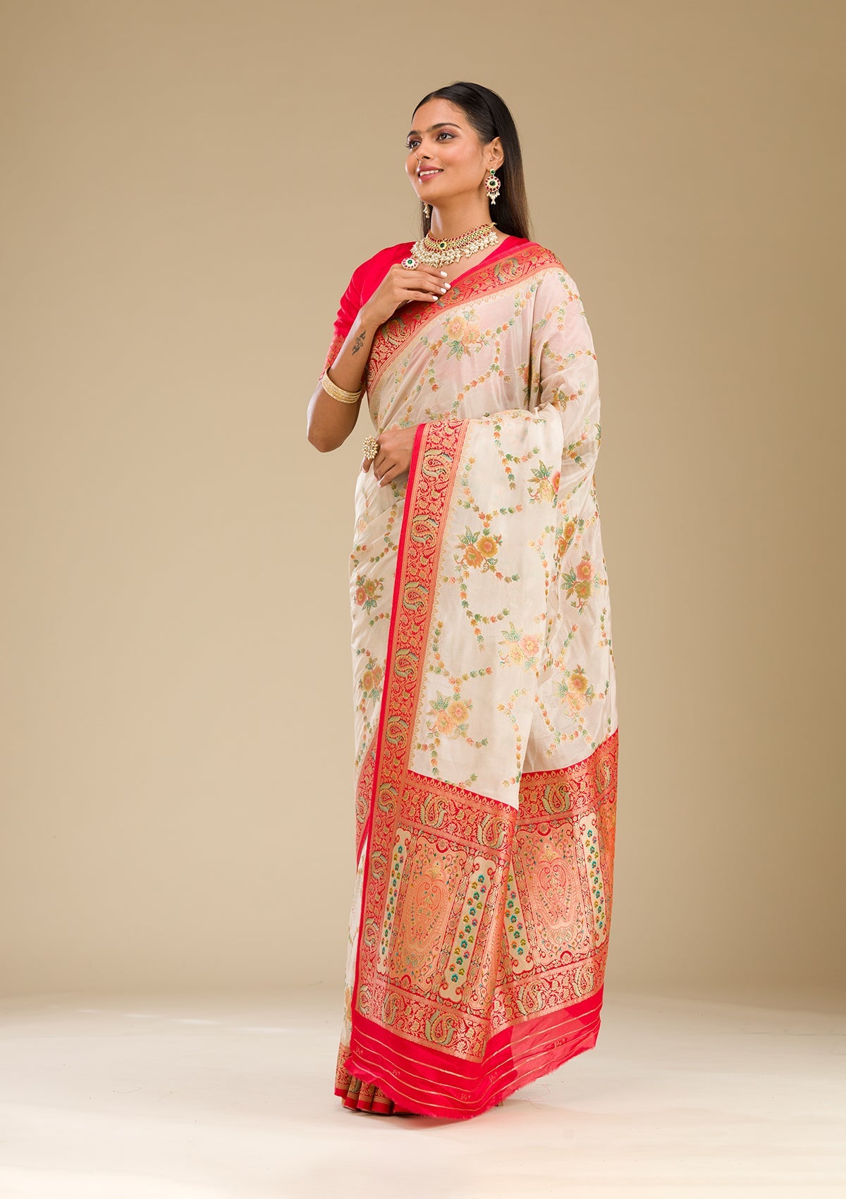 Beige Zariwork Banarasi Silk Saree