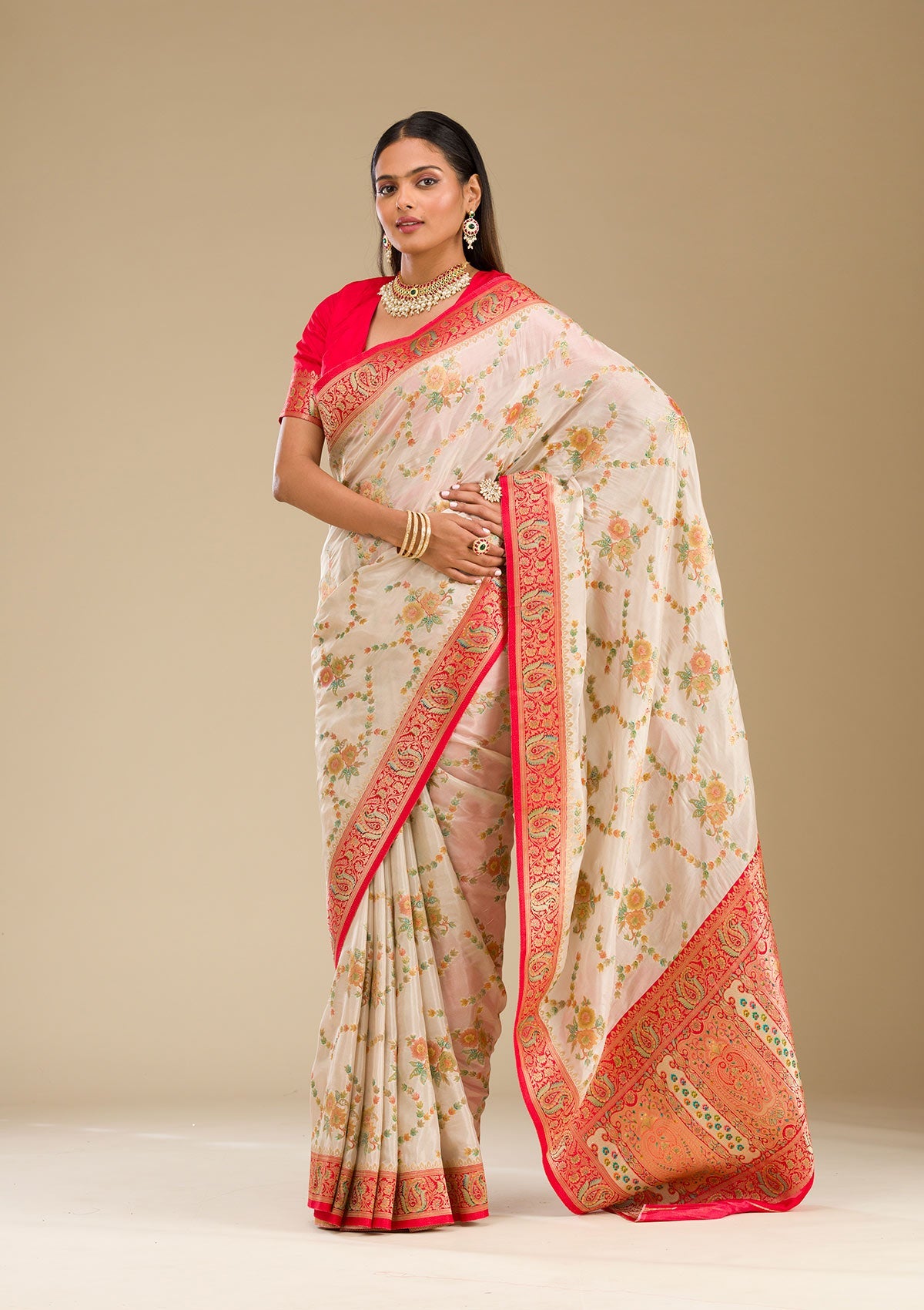 Beige Zariwork Banarasi Silk Saree