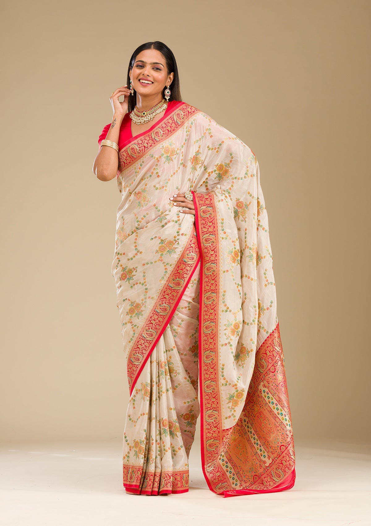 Beige Zariwork Banarasi Silk Saree