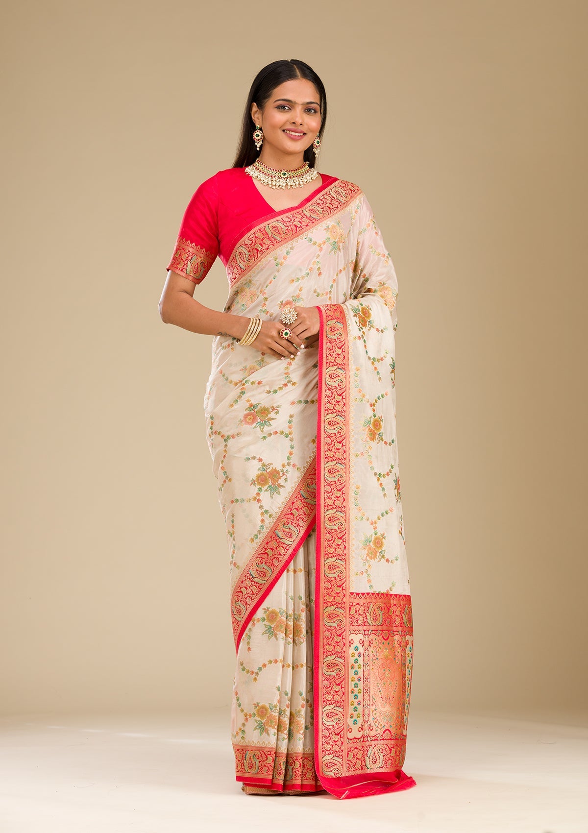 Beige Zariwork Banarasi Silk Saree