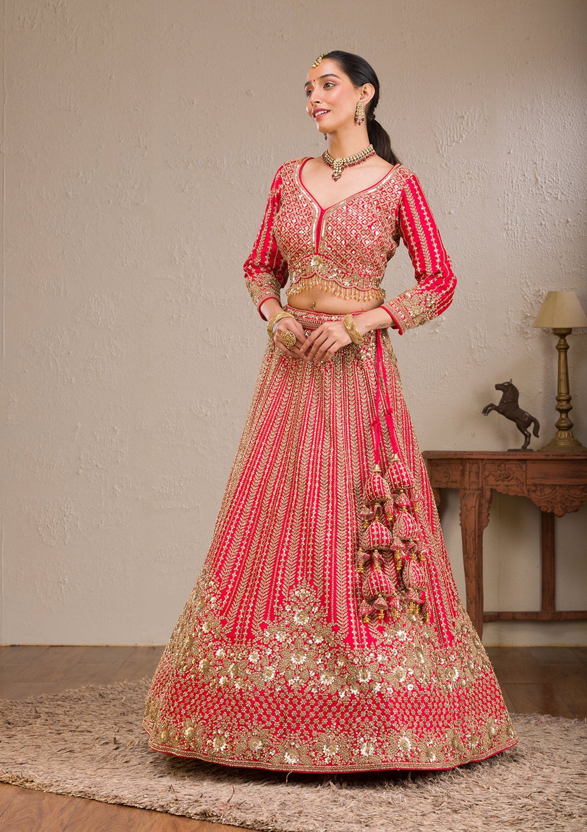 Red Zariwork Raw Silk Readymade Lehenga