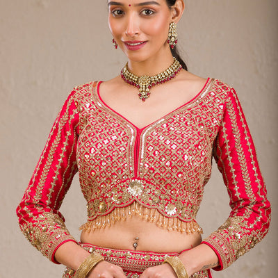 Red Zariwork Raw Silk Readymade Lehenga